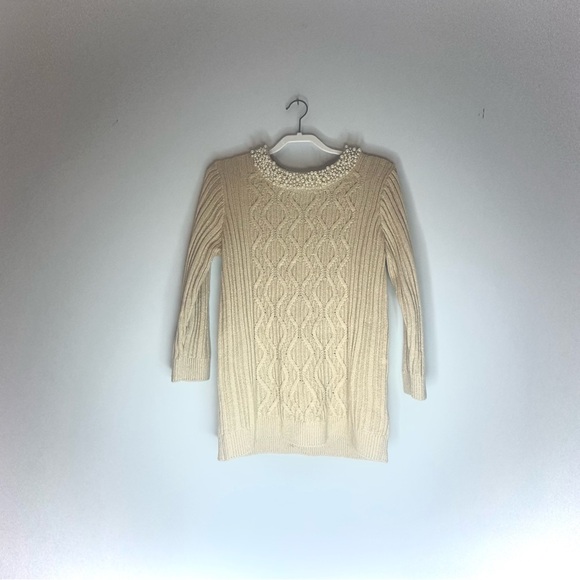 Karl Lagerfeld Paris Beige Shimmer Cable Knit Sweater with Faux Pearls Size M - Picture 12 of 12